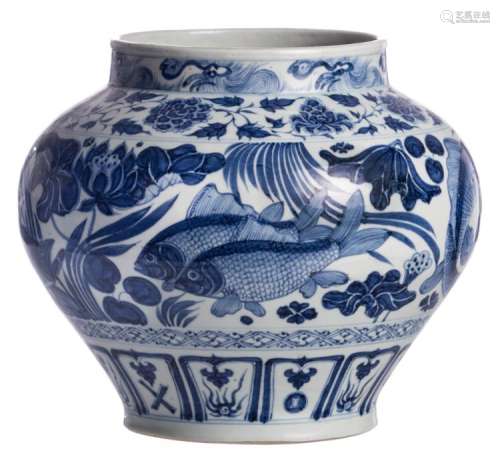 A Chinese blue and white overall decorated vase with fish and lotus flowers, H 28 cm