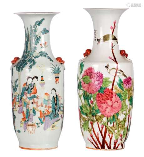 Two Chinese polychrome and famille rose decorated vases, one with an animated scene, one with birds on flower branches, and calligraphic texts, H 59,5 - 61 cm