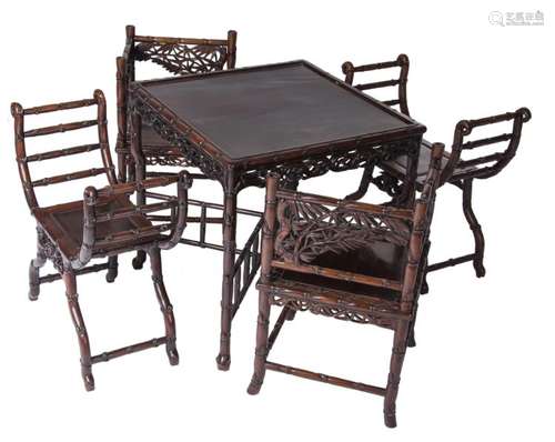 A fine Chinese hardwood bamboo imitation table, with four ditto chairs, about 1900, H 77 - W 76 - D 76 cm (table) - H 75 cm