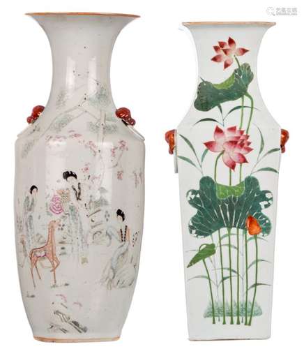 A Chinese famille rose vase, decorated with lotus and calligraphic texts; added a ditto vase with three ladies and a deer, H 56 - 58 cm