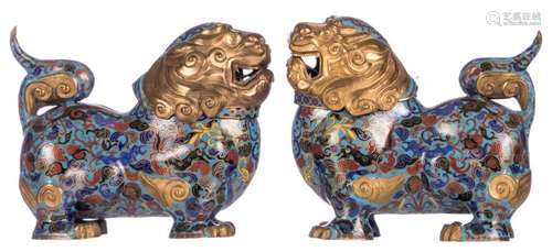 A pair of Chinese cloisonné enamel Fu lion shaped, floral and dragon decorated incense burners, H 20 - W 25 cm