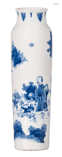 A Chinese blue and white decorated cylindrical vase with an animated scene, H 28 cm