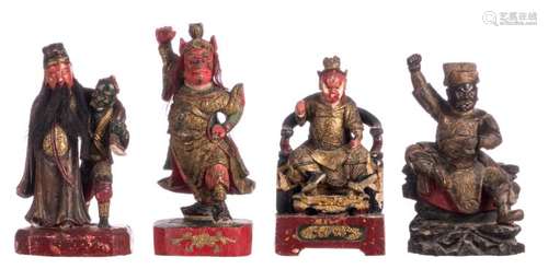 Four Chinese sculpted and polychrome decorated wooden mythological figures, H 28 - 32 cm