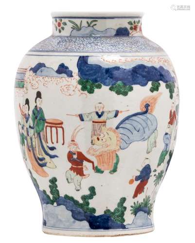 A Chinese wucai overall decorated vase with an animated scene, H 39 cm