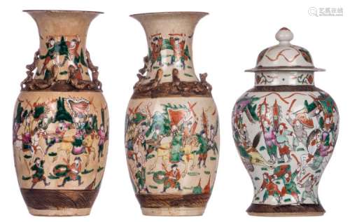Two Chinese famille rose stoneware vases, overall decorated with warriors, marked; added a ditto vase and cover, H 41 - 44 cm
