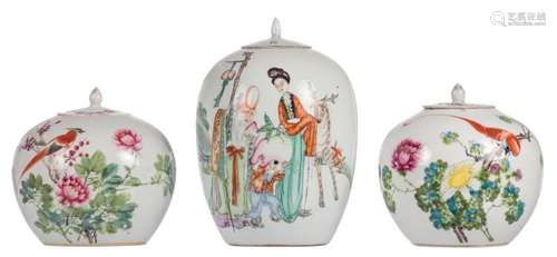 Three Chinese famille rose ginger pots and covers, one pot decorated with an animated scene and two pots with a bird on flower branches and calligraphic texts, one pot marked, H 22 - 31 cm