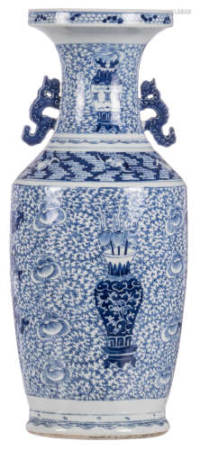 A Chinese blue and white floral decorated vase, with flower vases, bats and auspicious symbols, the handles relief decorated, H 62 cm