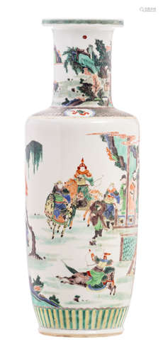 A large Chinese famille verte rouleau shaped vase, overall decorated with dignitaries and warriors on horseback in a landscape, H 75 cm