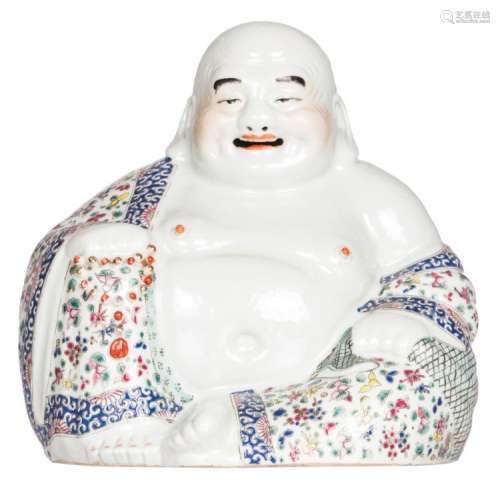 A Chinese famille rose floral decorated Budai, marked, H 26 - W 25 - D 18,5 cm