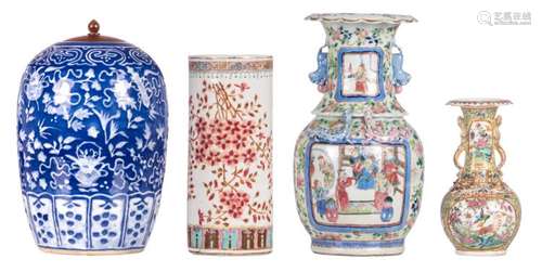 Three Chinese famille rose decorated vases with animated scenes, birds and flower branches; added a ditto blue ground, white floral glazed ginger jar and cover, H 22 - 34 cm