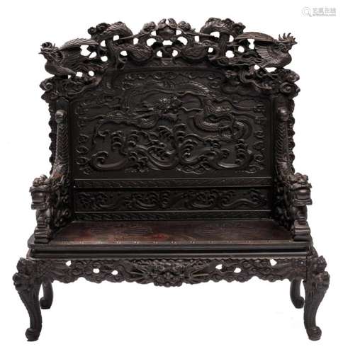 A Japanese richly carved wooden bench with phoenix and dragon relief decorated, H 145 - W 140 - D 57 cm