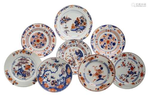 Eight Chinese Imari floral decorated dishes, the bigger one with a river landscape, 18thC, ø 23 - 28 cm