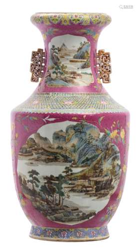 A Chinese pink ground floral incised famille rose and polychrome begonia shaped vase, the roundles with river landscapes, with a Qianlong mark, H 67 cm