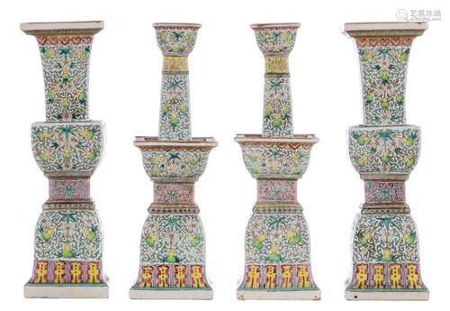 Two pairs of Chinese polychrome floral decorated oillamp stands, about 1900, H 42,5 cm