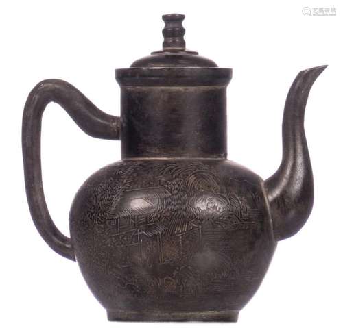 A Chinese pewter teapot, depicting a river landscape and calligraphic text, with traces of gilt polychromy, marked, 19thC, H 12,5 cm