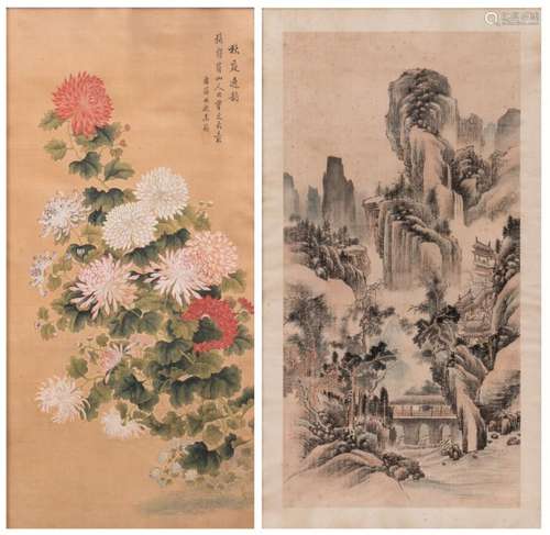 Two Chinese scrolls, watercolour on textile, one scroll depicting a mountainous landscape and one scroll with chrysanthemum and calligraphic texts, 42 x 86 and 43 x 86,5 cm