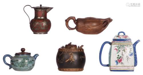 Four Chinese earthenware teapots with various decorations, one with pewter mount and cover; added a ditto Japanese bamboo incised teapot, H 7,5 - 18,5 cm