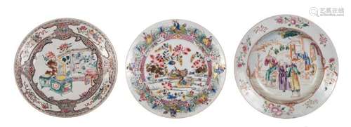 Three Chinese famille rose export porcelain dishes, one dish with figures on a terrace, one dish with antiquities and one dish with ducks and the Eight Immortals, 18thC, ø 22 - 23 cm