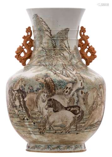 A Chinese polychrome overall decorated begonia shaped vase, with horses and an animated scene, the handles dragon shaped, H 56 cm