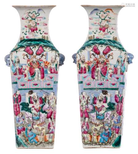 A pair of famille rose quadrangular vases, decorated with animated scenes and court scenes, 19thC, H 43 cm