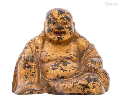 A Chinese gilt bronze seated bronze Budai with traces of polychromy, H 12 cm