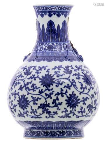 A Chinese blue and white lotus decorated pear shaped vase, Qianlong marked and possibly period, H 52 cm
