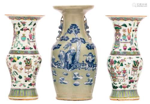 A pair of Chinese famille rose yenyen vases, overall decorated with antiquities and flower branches; added a Chinese celadon ground blue and white decorated vase with Immortals, H 39 - 43,5 cm