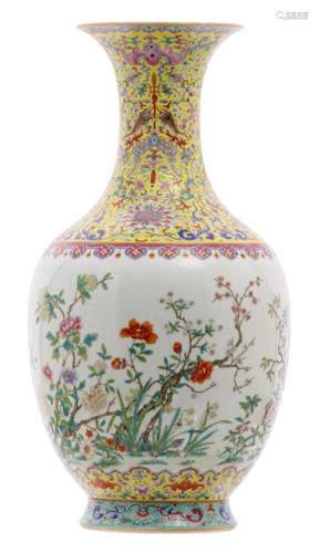 A Chinese polychrome and famille rose vase, overall decorated with flower branches and auspicious symbols, with a Jiaqing mark, H 49 cm