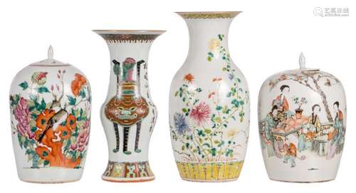 Two Chinese famille rose and polychrome decorated vases, one vase with flower branches and one vase with antiquities, both marked; added two ditto ginger pots and covers, one pot with birds and flower branches and one pot with a garden scene and calligraphic texts, H 34 - 43 cm