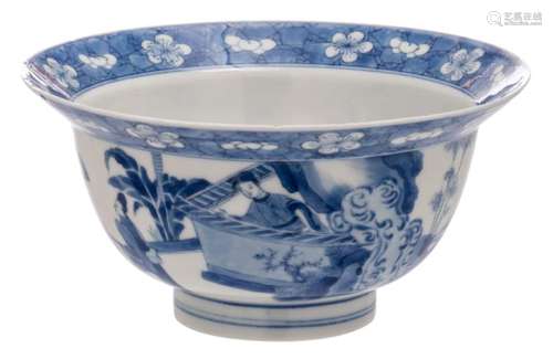 A Chinese blue and white overall decorated bowl with a gallant garden scene, with a Chengua mark, H 8 - ø 16 cm