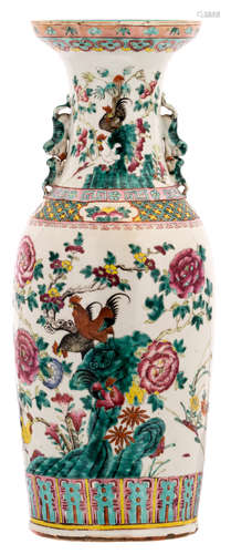 A Chinese famille rose overall decorated vase with roosters, rocks and flower branches, H 61 cm