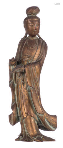 An Oriental gilt and patinated wooden Guanyin figure, H 37 cm