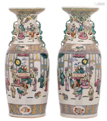 A pair of Chinese polychrome and famille rose overall decorated vases with a court scene, H 58 cm