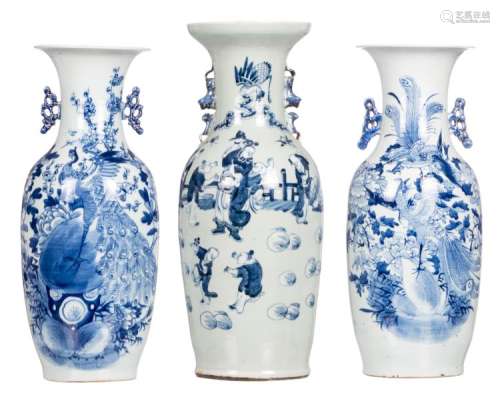 Three Chinese celadon ground blue and white vases, two decorated with birds on flower branches, one decorated with an animated scene, H 57 - 61,5 cm