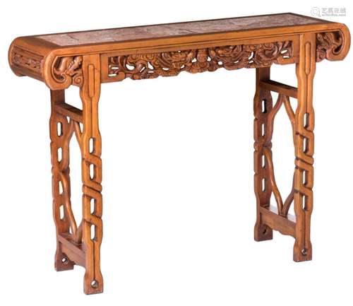 A Chinese carved wooden dragon decorated side table with marble top, H 91 - W 120 - D 38 cm