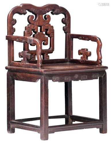 A Chinese carved hardwood armchair, H 98 cm