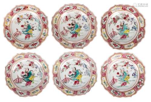 A set of six small Chinese famille rose dishes, depicting a sage and his servant, Qianlong, ø 15 cm