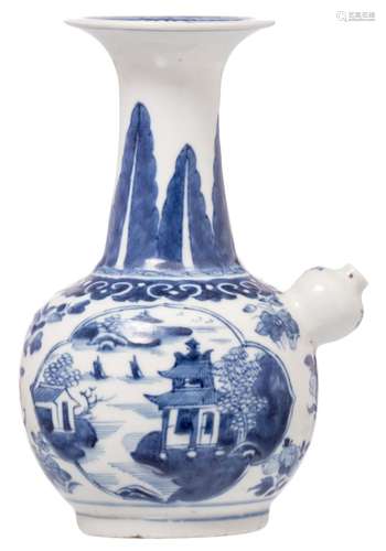 A Chinese blue and white floral decorated kendi, the roundels with a river landscape, H 22,5 cm