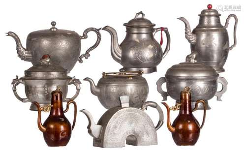 Seven various Chinese incised pewter teapots and covers, and two ditto pots and covers, some polychrome or precious stones decorated, all marked, H 10 - 17 cm