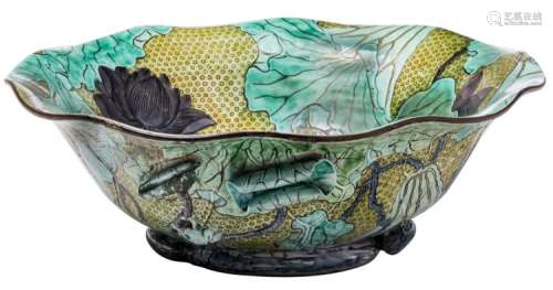A fine Japanese polychrome and relief decorated Kutani lotus bowl, marked, H 14,5 - ø 42 cm
