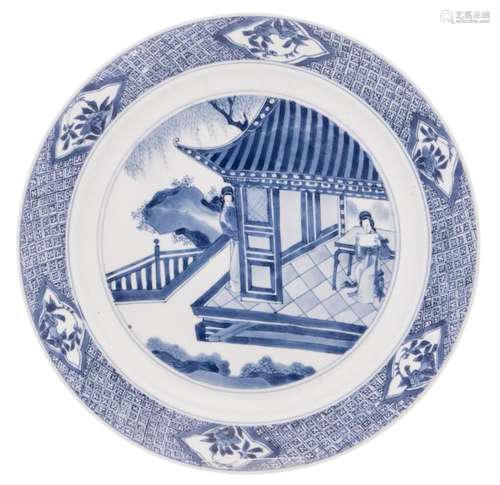 A Chinese blue and white decorated bowl with two ladies in a pavillion, with a Jiajing mark, Kangxi, H 4 - ø 27 cm