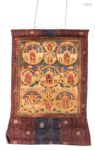 A Tibetan tanka, gouache on textile, 19thC, 79 x 107 cm