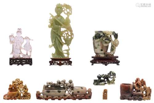 A various of Chinese stone carvings; added a ditto glass and a jade Guanyin, on a wooden base, H 5 - 26 cm (without base)