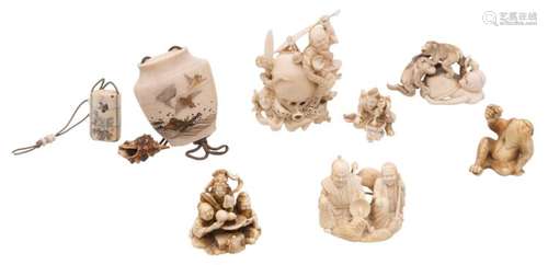 An interesting lot of eight Japanese ivory items including six okimono and two inro of which one with shibayama decoration, all items early Meiji, H 3,8 - 8,1 cm