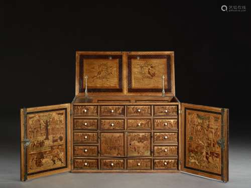 CABINET, ALLEMAGNE DU SUD, XVIIe SIÈCLE En marqueterie de noyer et bois fruitiers, les boutons des