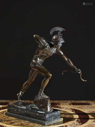 SCHMIDT HOFER, Otto (1873-1925) Soldat grec Bronze à patine brune Posé sur une base de marbre vert ;