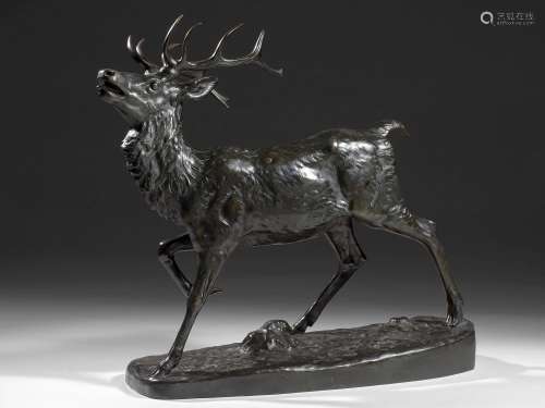 BARYE, Antoine-Louis (1795-1875) Cerf debout Bronze à patine brune nuancée de vert, fonte posthume