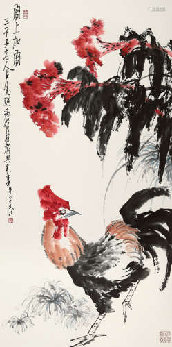 卢光照（1914～2001） 官上加官 立轴 纸本设色
