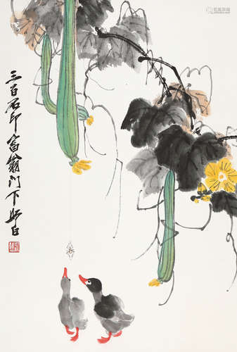 娄师白（1918～2010） 紫藤小鸭 镜心 纸本设色