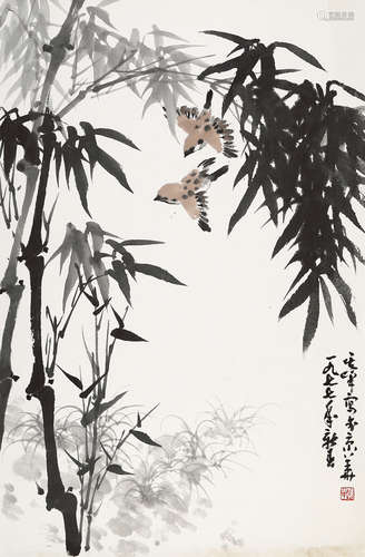 孙其峰（b.1920） 1977年作 竹雀图 镜心 纸本设色